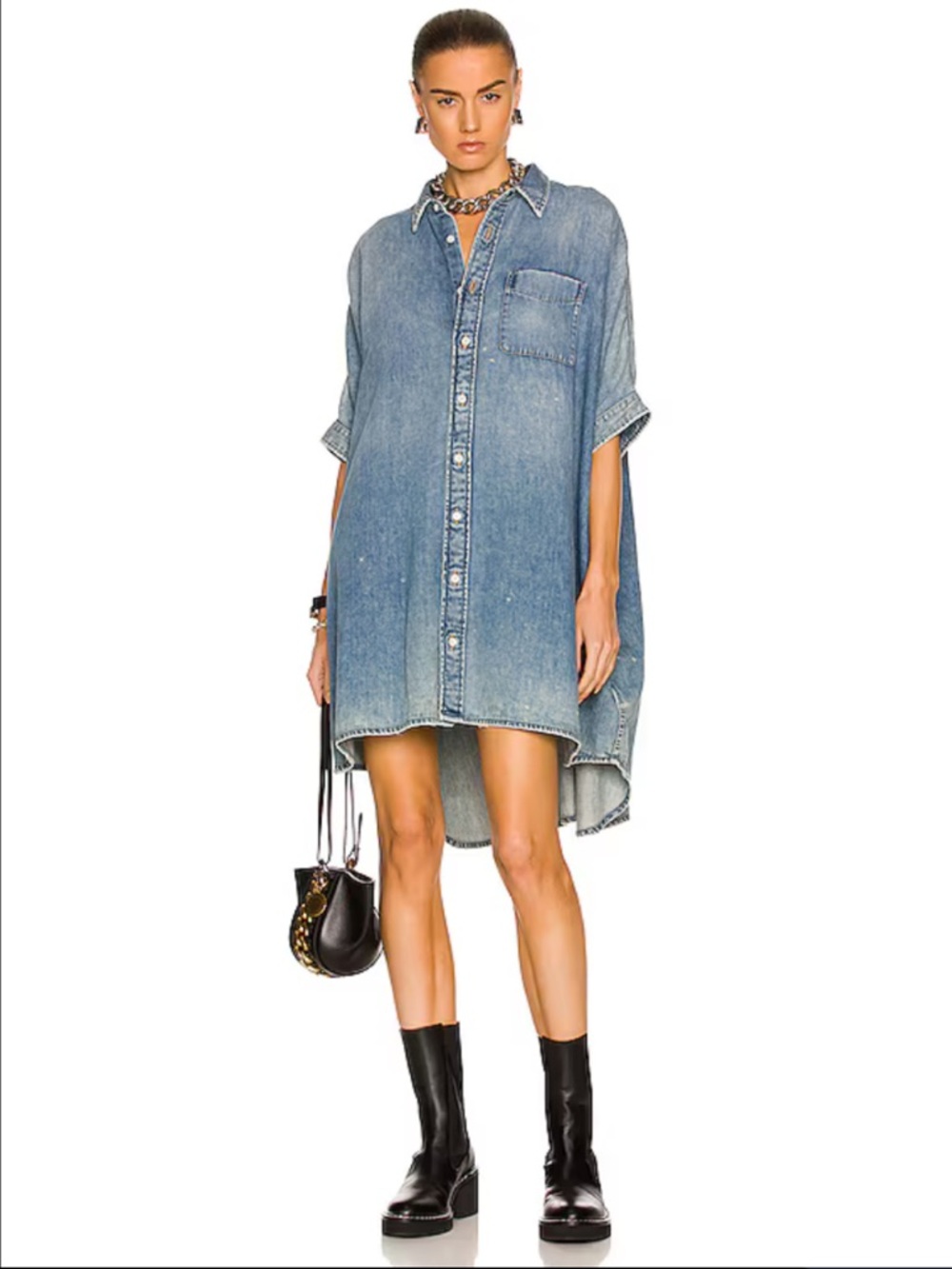 R13 Washed Blue Oversized Denim Shirt Dress